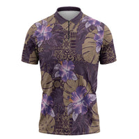 Hawaii Zipper Polo Shirt Purple Polynesian Monstera Patterns - Polynesian Pride