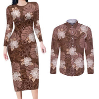 Hawaii Couples Matching Long Sleeve Bodycon Dress and Long Sleeve Button Shirt Brown Polynesian Monstera Patterns - Polynesian Pride