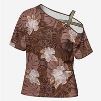 Hawaii Cross Shoulder Shirt Brown Polynesian Monstera Patterns - Polynesian Pride