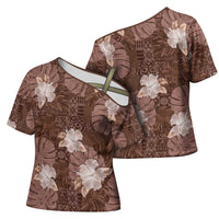Hawaii Cross Shoulder Shirt Brown Polynesian Monstera Patterns - Polynesian Pride