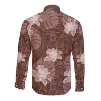 Hawaii Long Sleeve Button Shirt Brown Polynesian Monstera Patterns - Polynesian Pride