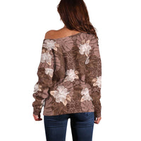 Hawaii Off Shoulder Sweater Brown Polynesian Monstera Patterns - Polynesian Pride