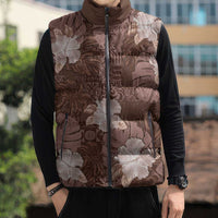 Hawaii Sleeveless Puffer Jacket Brown Polynesian Monstera Patterns - Polynesian Pride