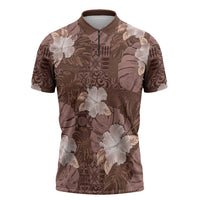 Hawaii Zipper Polo Shirt Brown Polynesian Monstera Patterns - Polynesian Pride