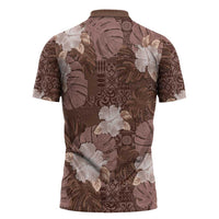 Hawaii Zipper Polo Shirt Brown Polynesian Monstera Patterns - Polynesian Pride