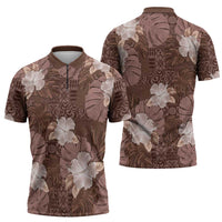 Hawaii Zipper Polo Shirt Brown Polynesian Monstera Patterns - Polynesian Pride