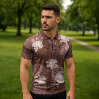 Hawaii Zipper Polo Shirt Brown Polynesian Monstera Patterns - Polynesian Pride