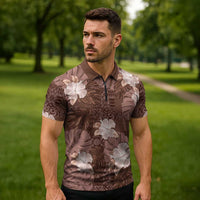 Hawaii Zipper Polo Shirt Brown Polynesian Monstera Patterns - Polynesian Pride
