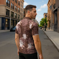 Hawaii Zipper Polo Shirt Brown Polynesian Monstera Patterns - Polynesian Pride