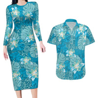 Hawaii Couples Matching Long Sleeve Bodycon Dress and Hawaiian Shirt Teal Polynesian Monstera Patterns - Polynesian Pride