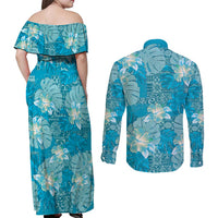 Hawaii Couples Matching Off Shoulder Maxi Dress and Long Sleeve Button Shirt Teal Polynesian Monstera Patterns - Polynesian Pride