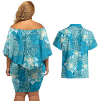 Hawaii Couples Matching Off Shoulder Short Dress and Hawaiian Shirt Teal Polynesian Monstera Patterns - Polynesian Pride