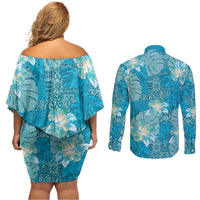 Hawaii Couples Matching Off Shoulder Short Dress and Long Sleeve Button Shirt Teal Polynesian Monstera Patterns - Polynesian Pride