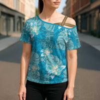 Hawaii Cross Shoulder Shirt Teal Polynesian Monstera Patterns - Polynesian Pride