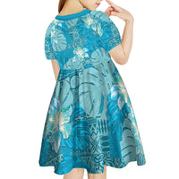 Hawaii Kid Short Sleeve Dress Teal Polynesian Monstera Patterns - Polynesian Pride
