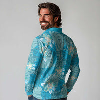 Hawaii Long Sleeve Polo Shirt Teal Polynesian Monstera Patterns - Polynesian Pride