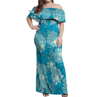 Hawaii Off Shoulder Maxi Dress Teal Polynesian Monstera Patterns - Polynesian Pride