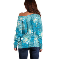 Hawaii Off Shoulder Sweater Teal Polynesian Monstera Patterns - Polynesian Pride