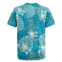 Hawaii Rugby Jersey Teal Polynesian Monstera Patterns - Polynesian Pride