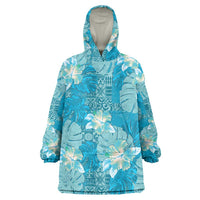 Hawaii Wearable Blanket Hoodie Teal Polynesian Monstera Patterns - Polynesian Pride