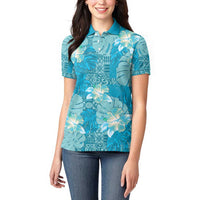 Hawaii Women Polo Shirt Teal Polynesian Monstera Patterns - Polynesian Pride
