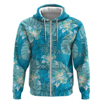 Hawaii Zip Hoodie Teal Polynesian Monstera Patterns - Polynesian Pride
