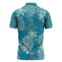 Hawaii Zipper Polo Shirt Teal Polynesian Monstera Patterns - Polynesian Pride