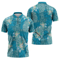 Hawaii Zipper Polo Shirt Teal Polynesian Monstera Patterns - Polynesian Pride