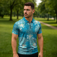 Hawaii Zipper Polo Shirt Teal Polynesian Monstera Patterns - Polynesian Pride