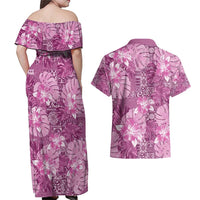 Hawaii Couples Matching Off Shoulder Maxi Dress and Hawaiian Shirt Magenta Polynesian Monstera Patterns - Polynesian Pride