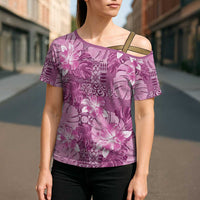 Hawaii Cross Shoulder Shirt Magenta Polynesian Monstera Patterns - Polynesian Pride