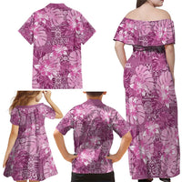 Hawaii Family Matching Off Shoulder Maxi Dress and Hawaiian Shirt Magenta Polynesian Monstera Patterns - Polynesian Pride
