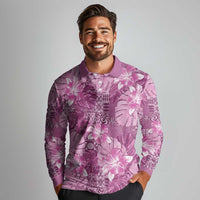 Hawaii Long Sleeve Polo Shirt Magenta Polynesian Monstera Patterns - Polynesian Pride