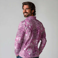 Hawaii Long Sleeve Polo Shirt Magenta Polynesian Monstera Patterns - Polynesian Pride