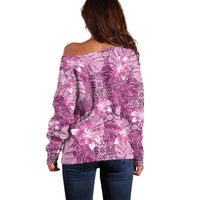 Hawaii Off Shoulder Sweater Magenta Polynesian Monstera Patterns - Polynesian Pride