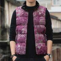Hawaii Sleeveless Puffer Jacket Magenta Polynesian Monstera Patterns - Polynesian Pride