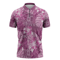 Hawaii Zipper Polo Shirt Magenta Polynesian Monstera Patterns - Polynesian Pride