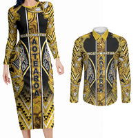 Aotearoa Ngati Whatua Couples Matching Long Sleeve Bodycon Dress and Long Sleeve Button Shirt Maori Tribal Gold Paua Shell Pattern