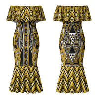 Aotearoa Ngati Whatua Couples Matching Mermaid Dress and Long Sleeve Button Shirt Maori Tribal Gold Paua Shell Pattern