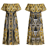 Aotearoa Ngati Whatua Couples Matching Off Shoulder Maxi Dress and Hawaiian Shirt Maori Tribal Gold Paua Shell Pattern