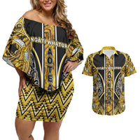 Aotearoa Ngati Whatua Couples Matching Off Shoulder Short Dress and Hawaiian Shirt Maori Tribal Gold Paua Shell Pattern