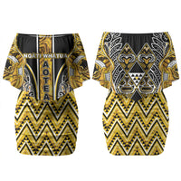 Aotearoa Ngati Whatua Couples Matching Off Shoulder Short Dress and Hawaiian Shirt Maori Tribal Gold Paua Shell Pattern