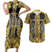 Aotearoa Ngati Whatua Couples Matching Short Sleeve Bodycon Dress and Hawaiian Shirt Maori Tribal Gold Paua Shell Pattern