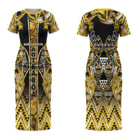 Aotearoa Ngati Whatua Couples Matching Short Sleeve Bodycon Dress and Hawaiian Shirt Maori Tribal Gold Paua Shell Pattern