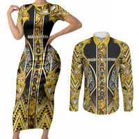 Aotearoa Ngati Whatua Couples Matching Short Sleeve Bodycon Dress and Long Sleeve Button Shirt Maori Tribal Gold Paua Shell Pattern