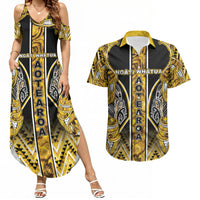 Aotearoa Ngati Whatua Couples Matching Summer Maxi Dress and Hawaiian Shirt Maori Tribal Gold Paua Shell Pattern