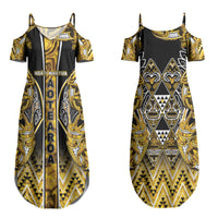 Aotearoa Ngati Whatua Couples Matching Summer Maxi Dress and Hawaiian Shirt Maori Tribal Gold Paua Shell Pattern