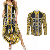 Aotearoa Ngati Whatua Couples Matching Summer Maxi Dress and Long Sleeve Button Shirt Maori Tribal Gold Paua Shell Pattern