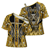 Aotearoa Ngati Whatua Cross Shoulder Shirt Maori Tribal Gold Paua Shell Pattern