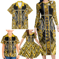Aotearoa Ngati Whatua Family Matching Long Sleeve Bodycon Dress and Hawaiian Shirt Maori Tribal Gold Paua Shell Pattern